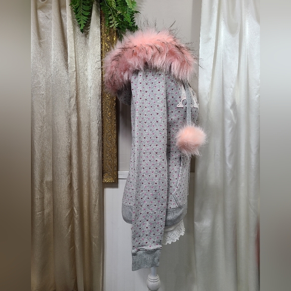 ♡ Y2K ♡ Aeropostale Heart Hoodie Baby Pink Fur Hood & Pompoms - Picture 5 of 12